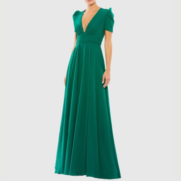 Mac‎ Duggal 55681 Womens Size 6 Green Short Puff Sleeve V-Neck Long Maxi Dress - Picture 2 of 16